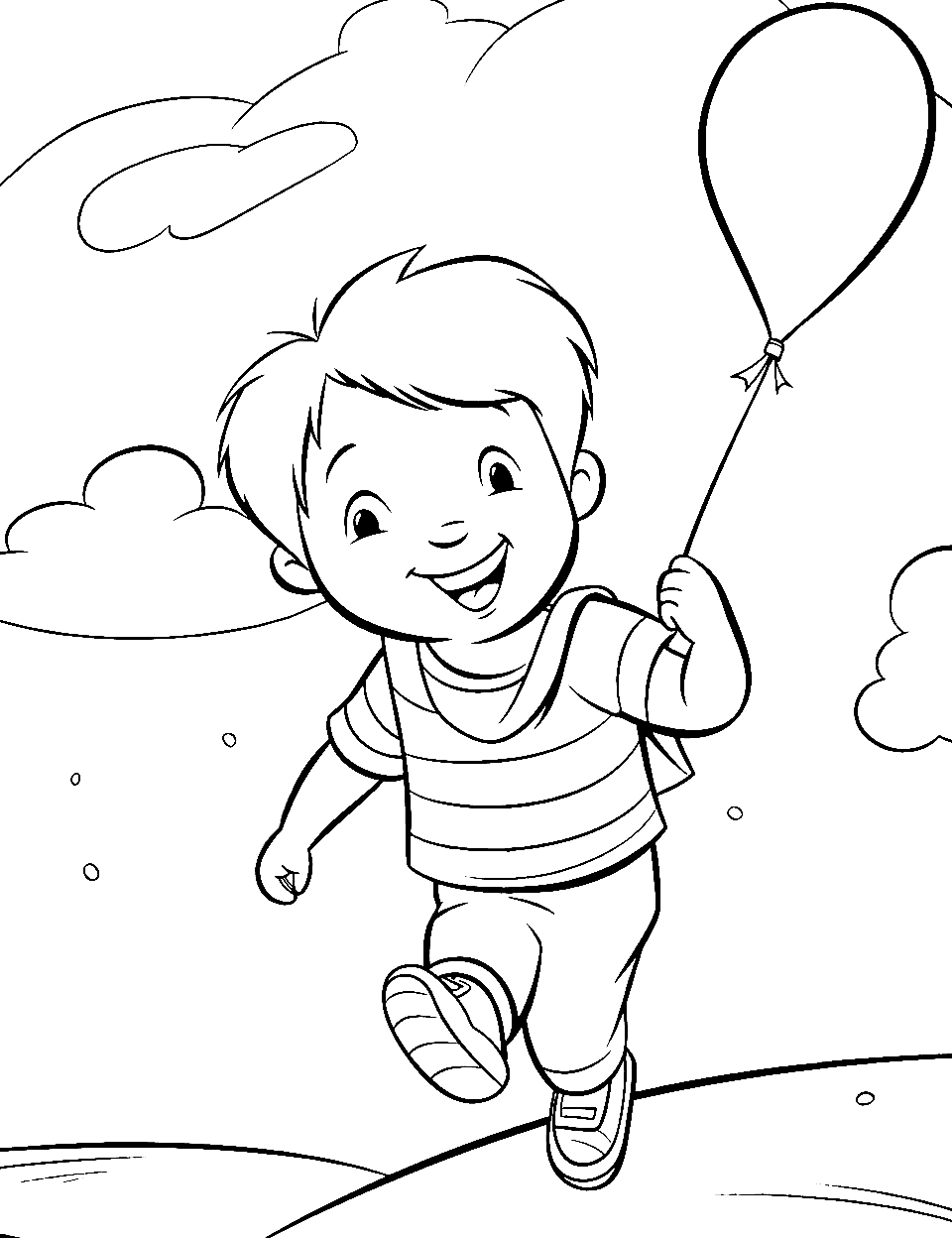 Baloon Flying Day Coloring Page - Christopher Robin running with a colorful balloon flying in the sky above him.