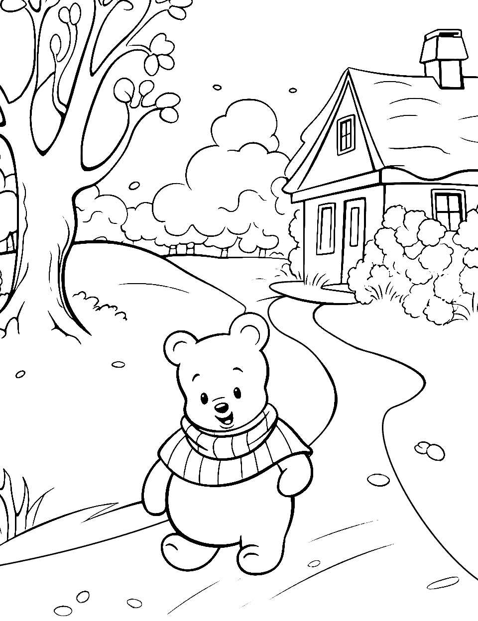 Snowy Winter Day Winnie the Pooh Coloring Page - Winnie the Pooh outside on a snowy day.