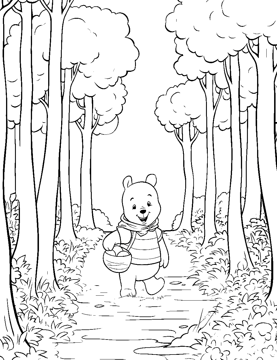 Enchanting Forest Walk Coloring Page - Pooh Bear walking on a path through an enchanting forest filled with tall trees.