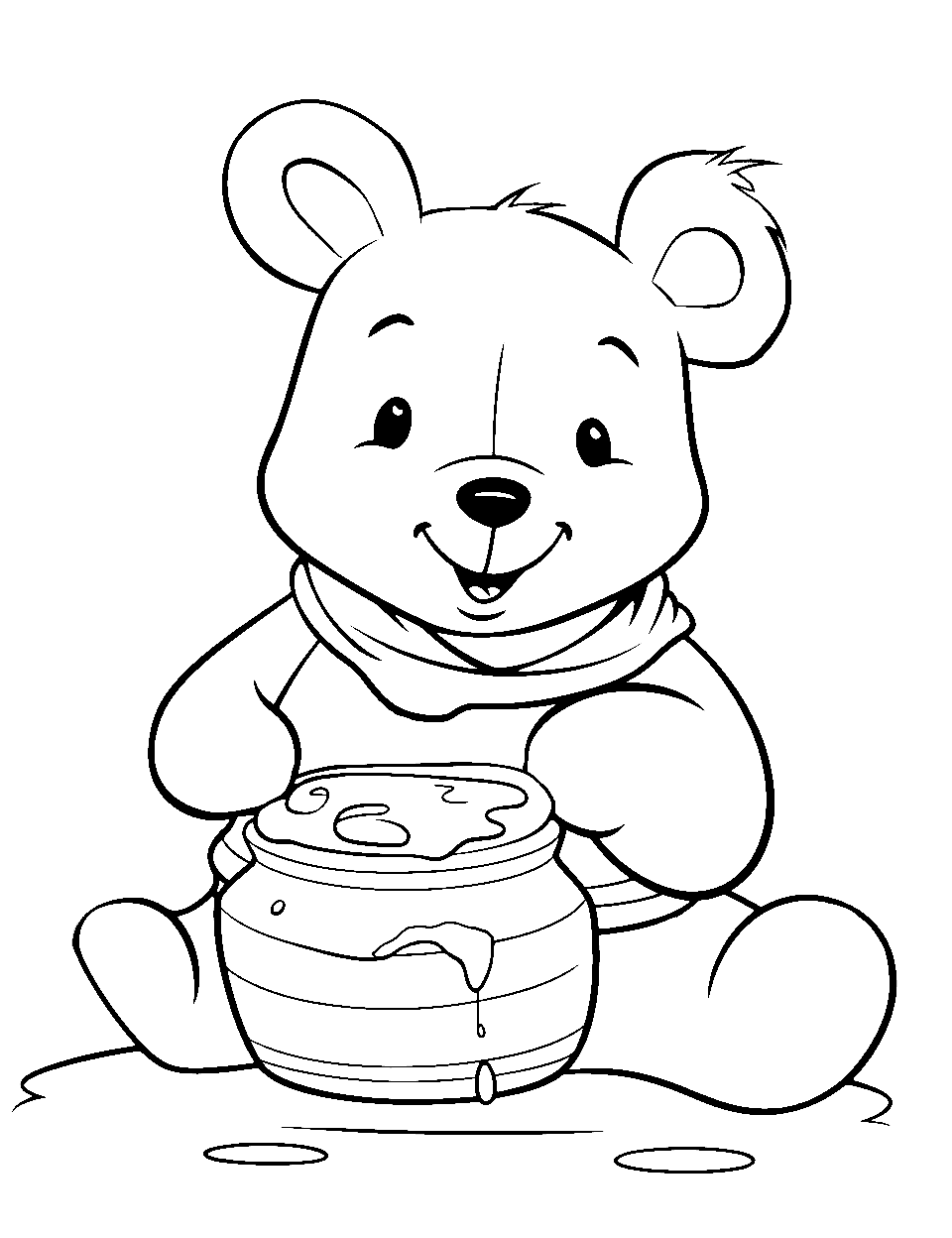 Sweet Honey Treat Coloring Page - Pooh Bear enjoying a sweet treat from a honey pot with honey dripping down.