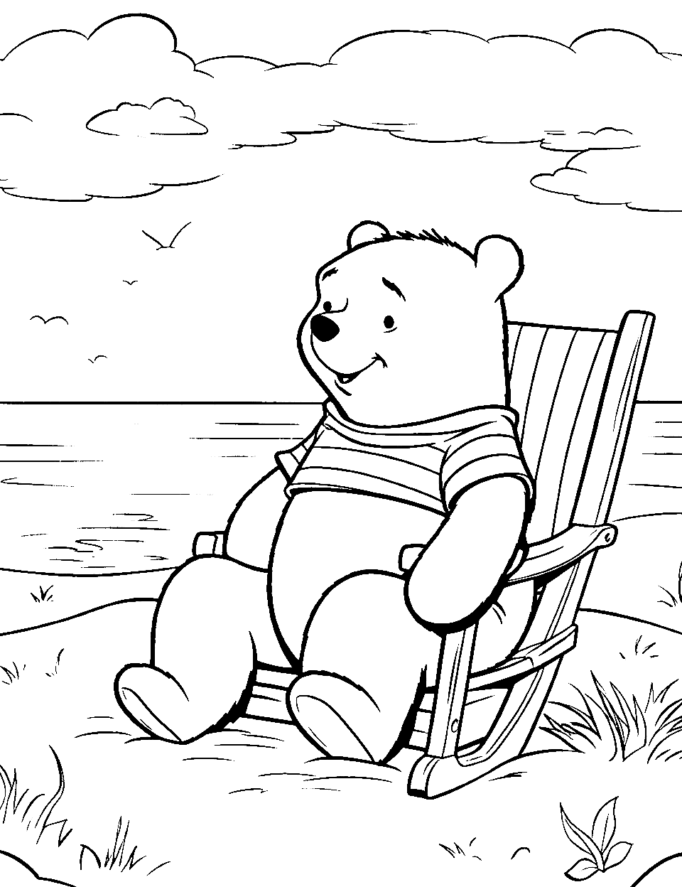 Relaxing Beach Day Coloring Page - Pooh Bear relaxing and enjoying a sunny day at the beach.