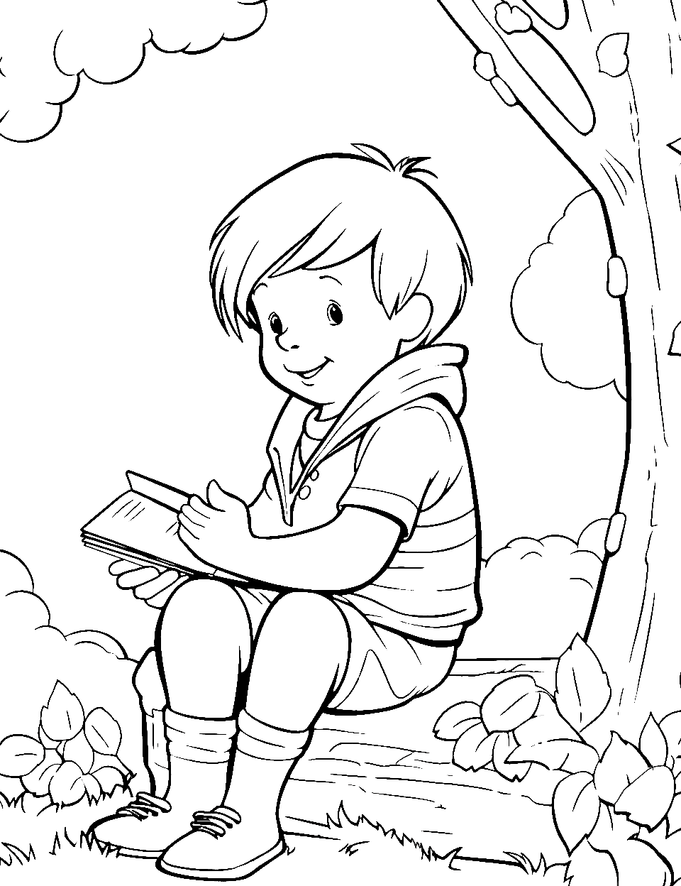 Christopher Robin Reading Coloring Page - Christopher Robin sitting on a log in the forest, engrossed in a large, open book.