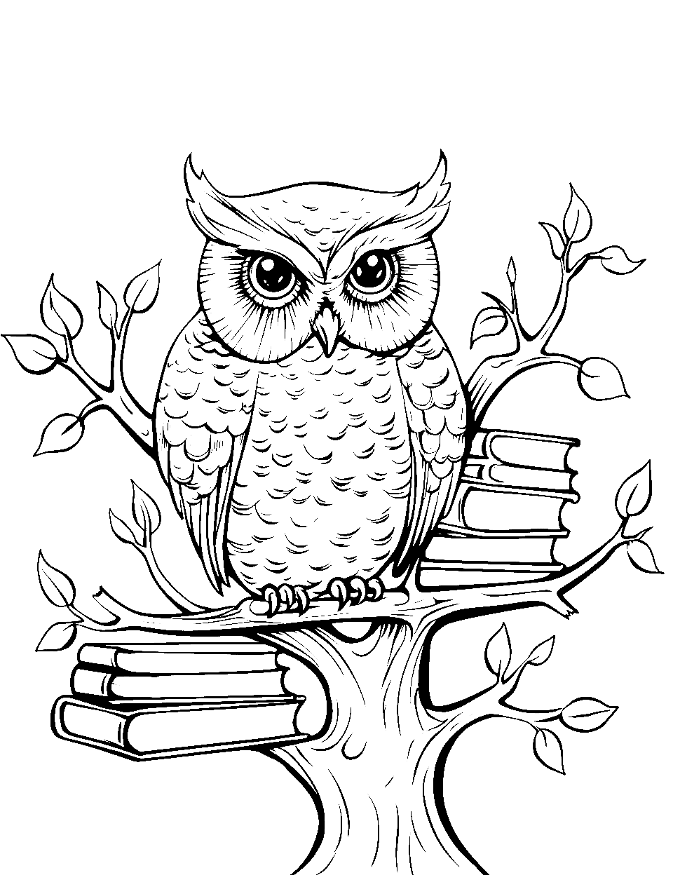 Owl's Wisdom Tree Coloring Page - A realistic depiction of Owl perched on a branch of his tree home, surrounded by open books and scrolls.