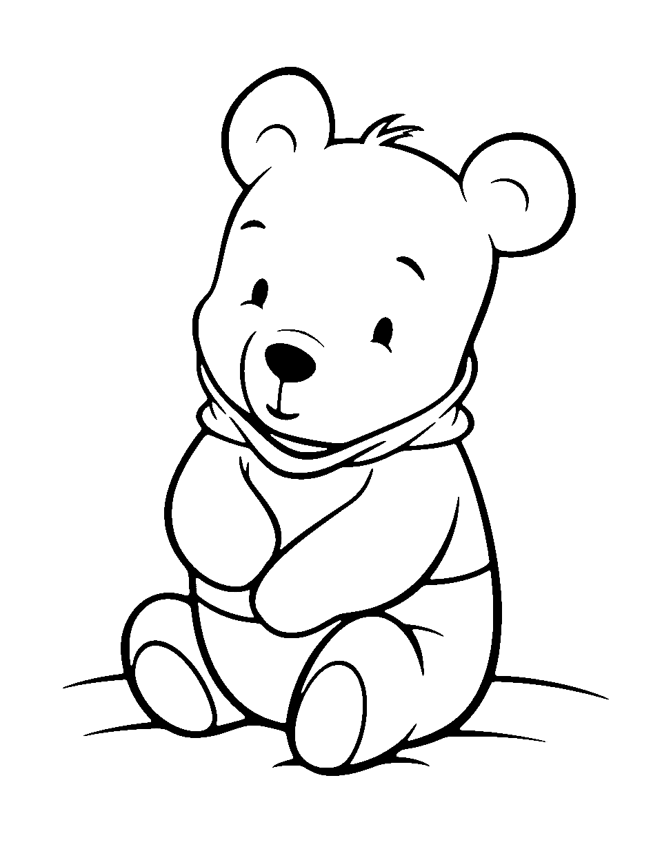 Simple Pooh Coloring Page - A simple, cute, and kawaii depiction of Pooh Bear sitting and thinking.