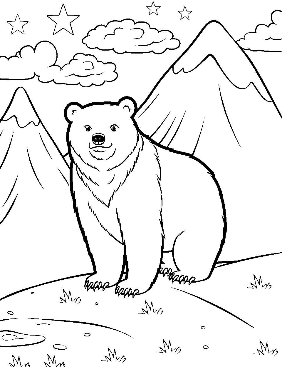 Camping Bear Adventure Coloring Page - A bear out to camp under a starry night sky.