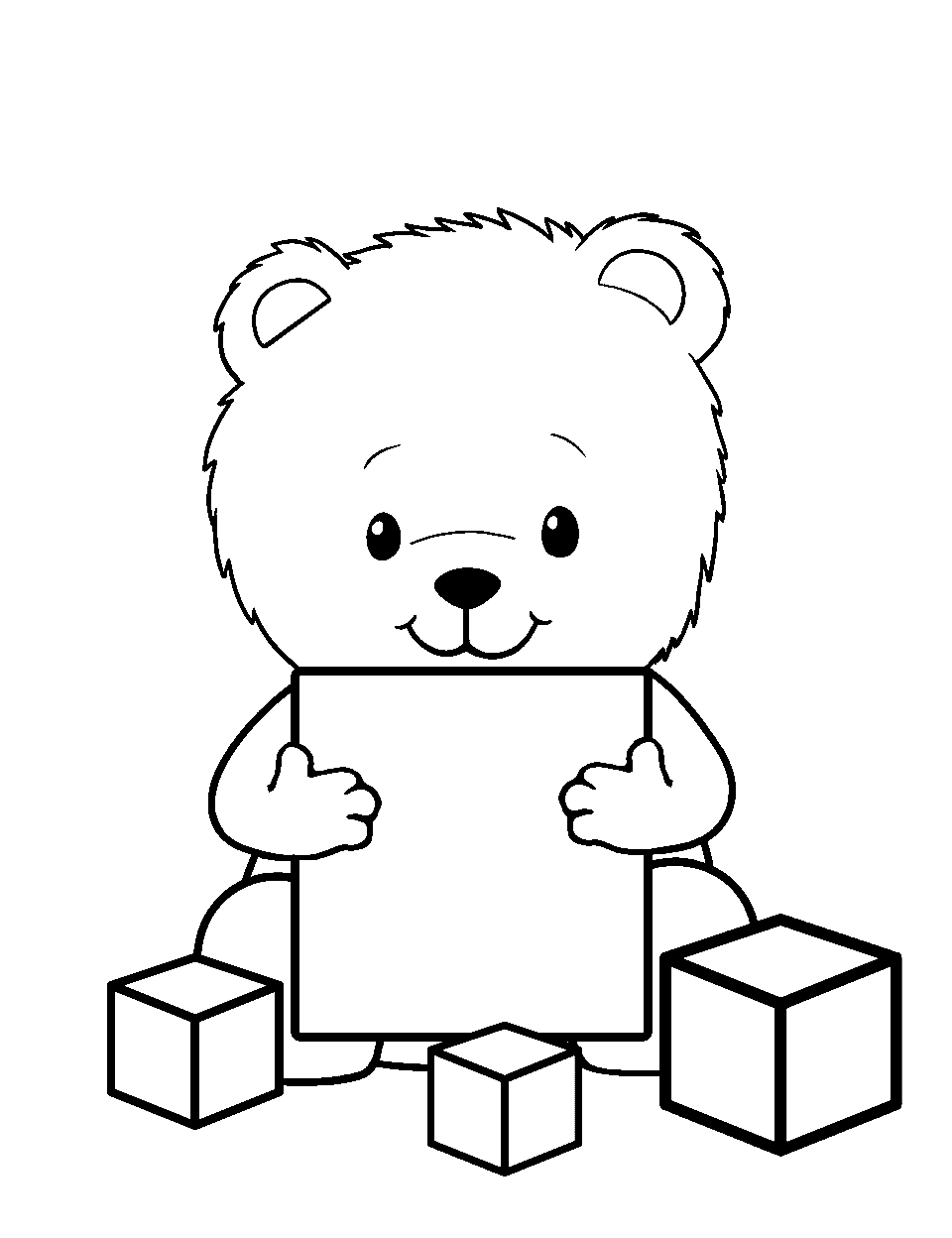 Toddler Bear's Playtime Coloring Page - A toddler-sized bear playing with block toys.