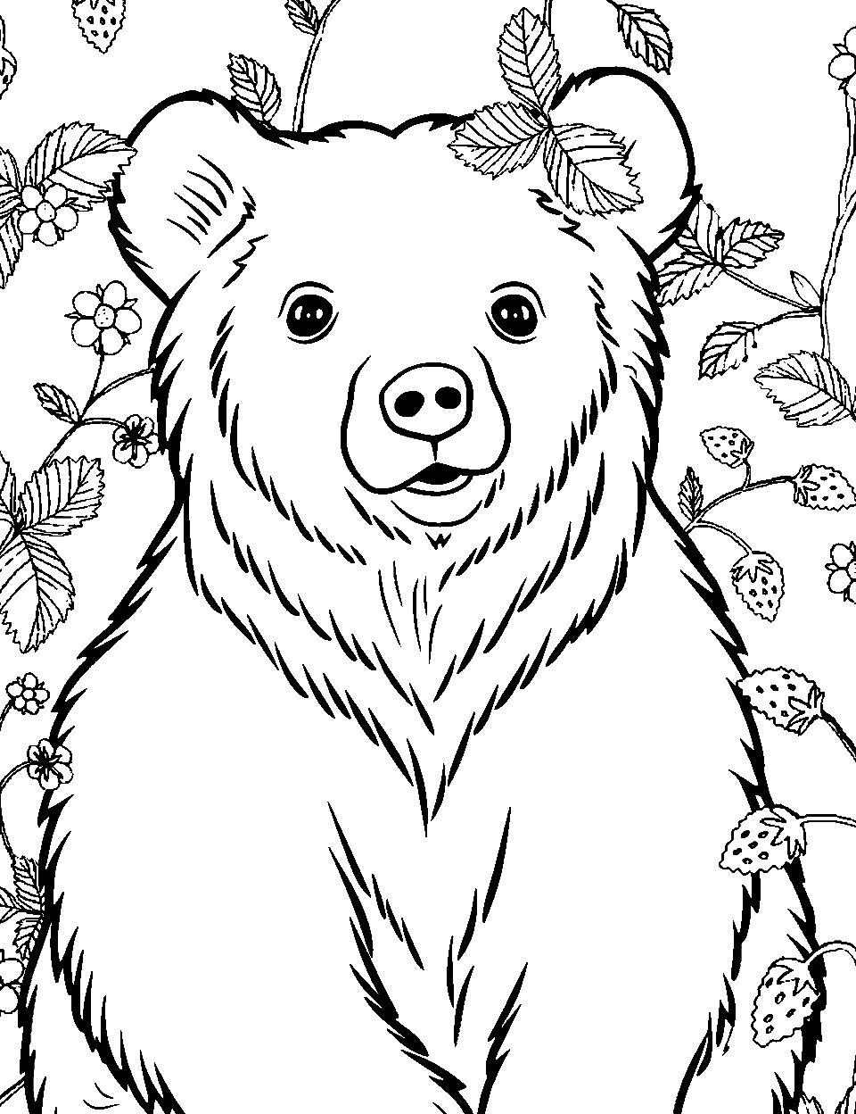 Strawberry Scent Coloring Page - Bear surrounded by strawberry plants.