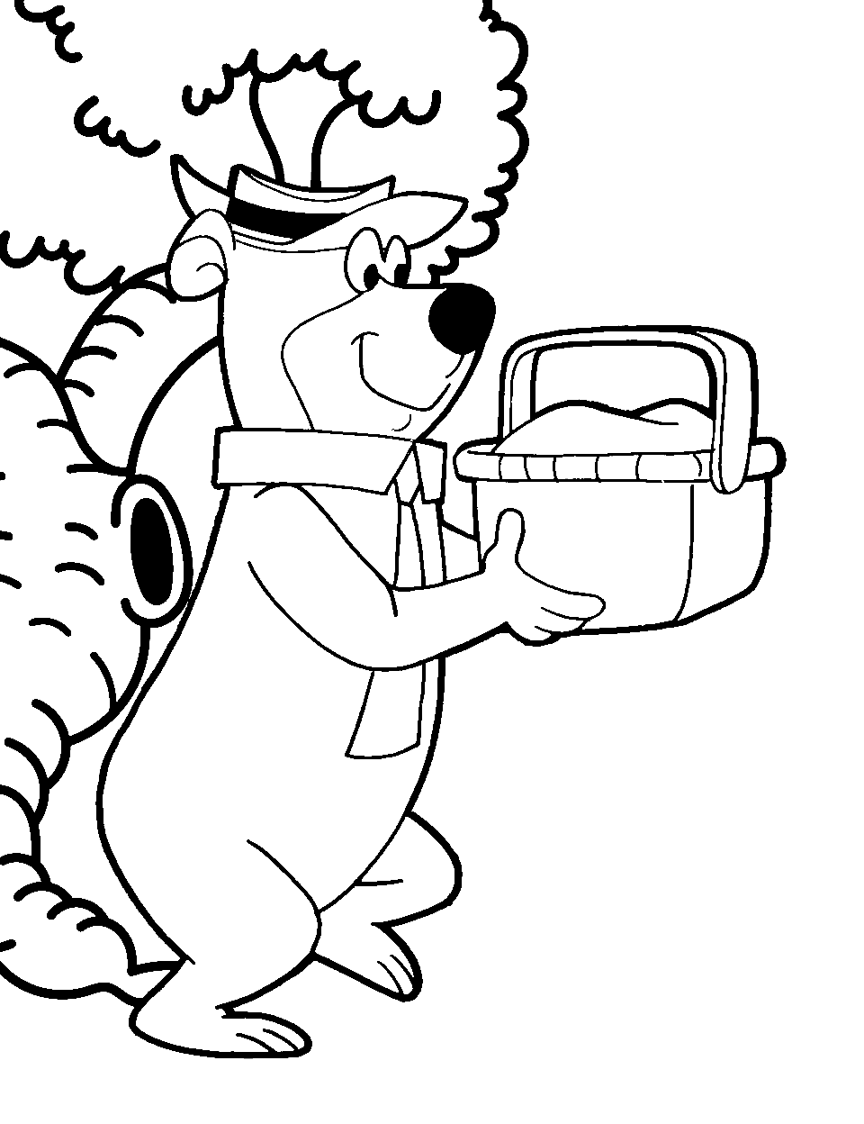 Yogi Bear's Picnic Theft Coloring Page - Yogi Bear sneaking away with a picnic basket full of treats.