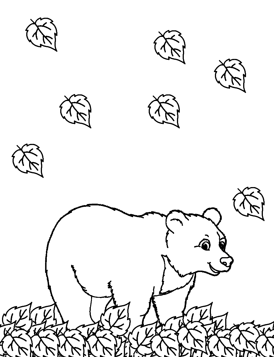 Bear with Fall Leaves Coloring Page - A bear is playing amidst autumn leaves, a seasonal treat.