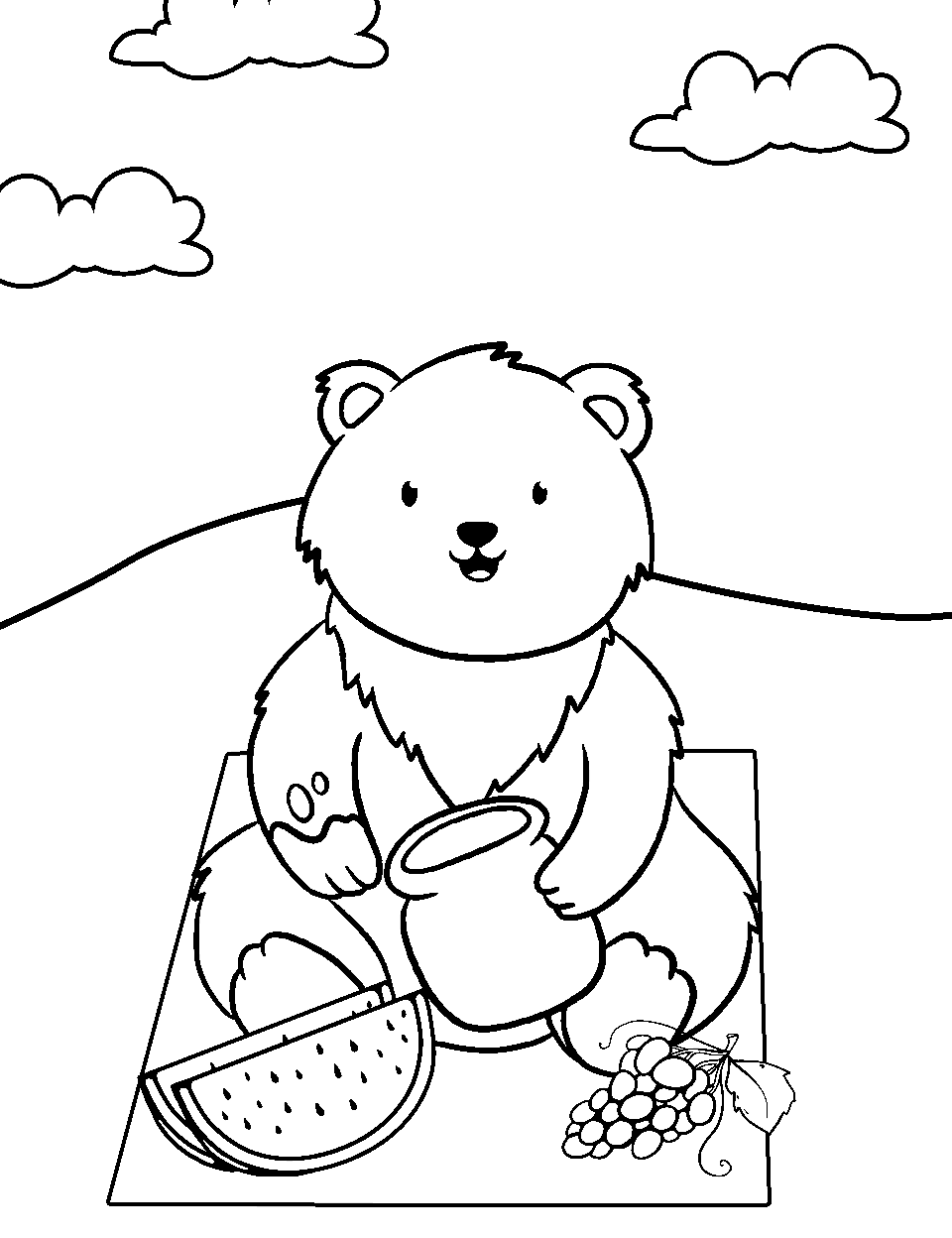 Teddy Bear Picnic Coloring Page - A fluffy teddy bear enjoying a picnic.