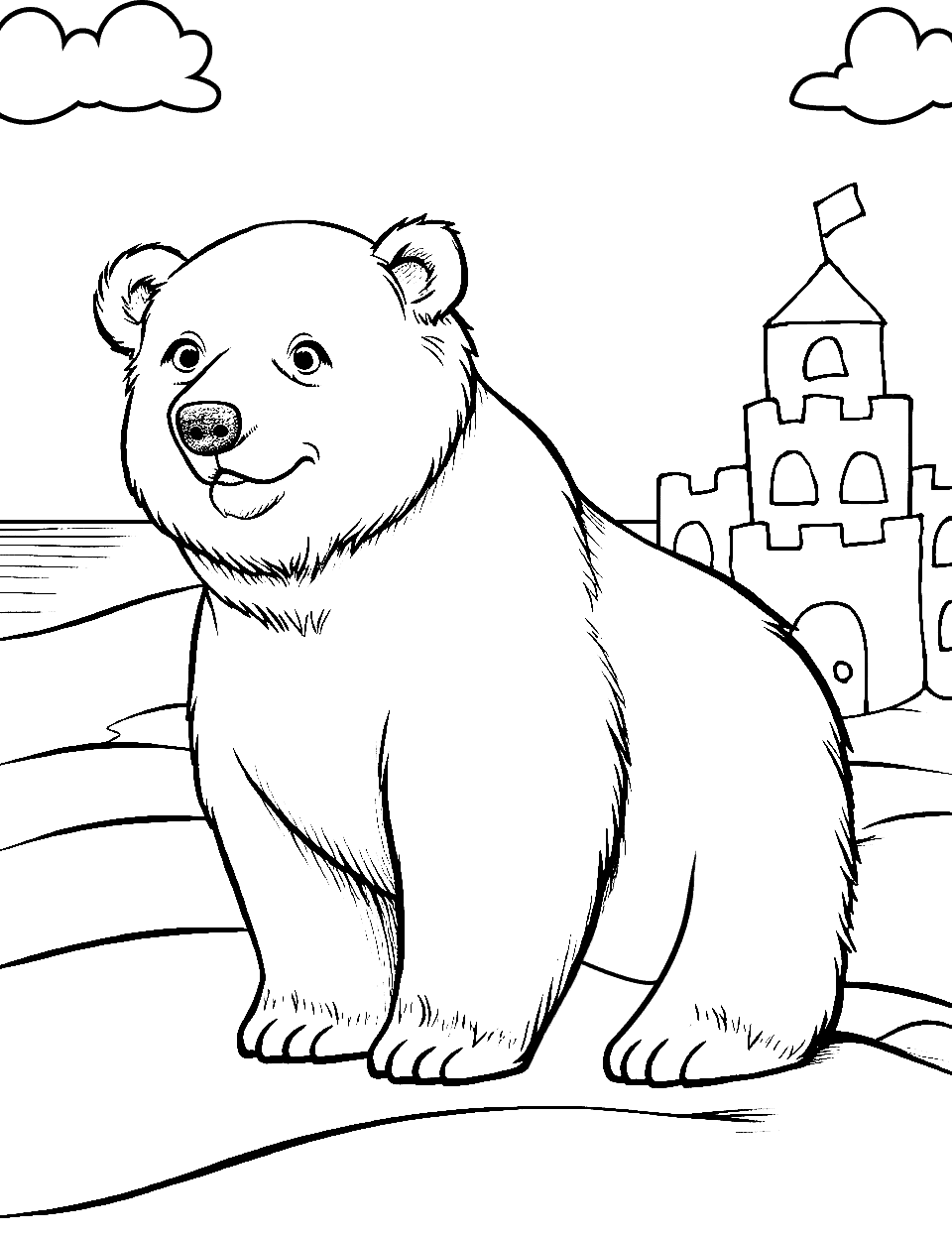 Beach Day for Bear Coloring Page - A bear enjoying a day on the beach by the sea with a sandcastle in the background.