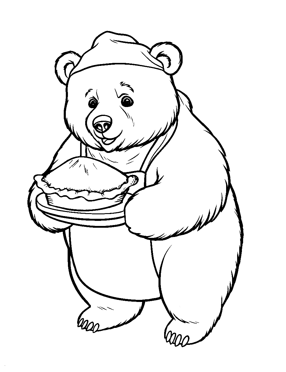 Chef Bear's Yummy Treats Bear Coloring Page - A bear wearing a chef hat showcasing a freshly baked pie.