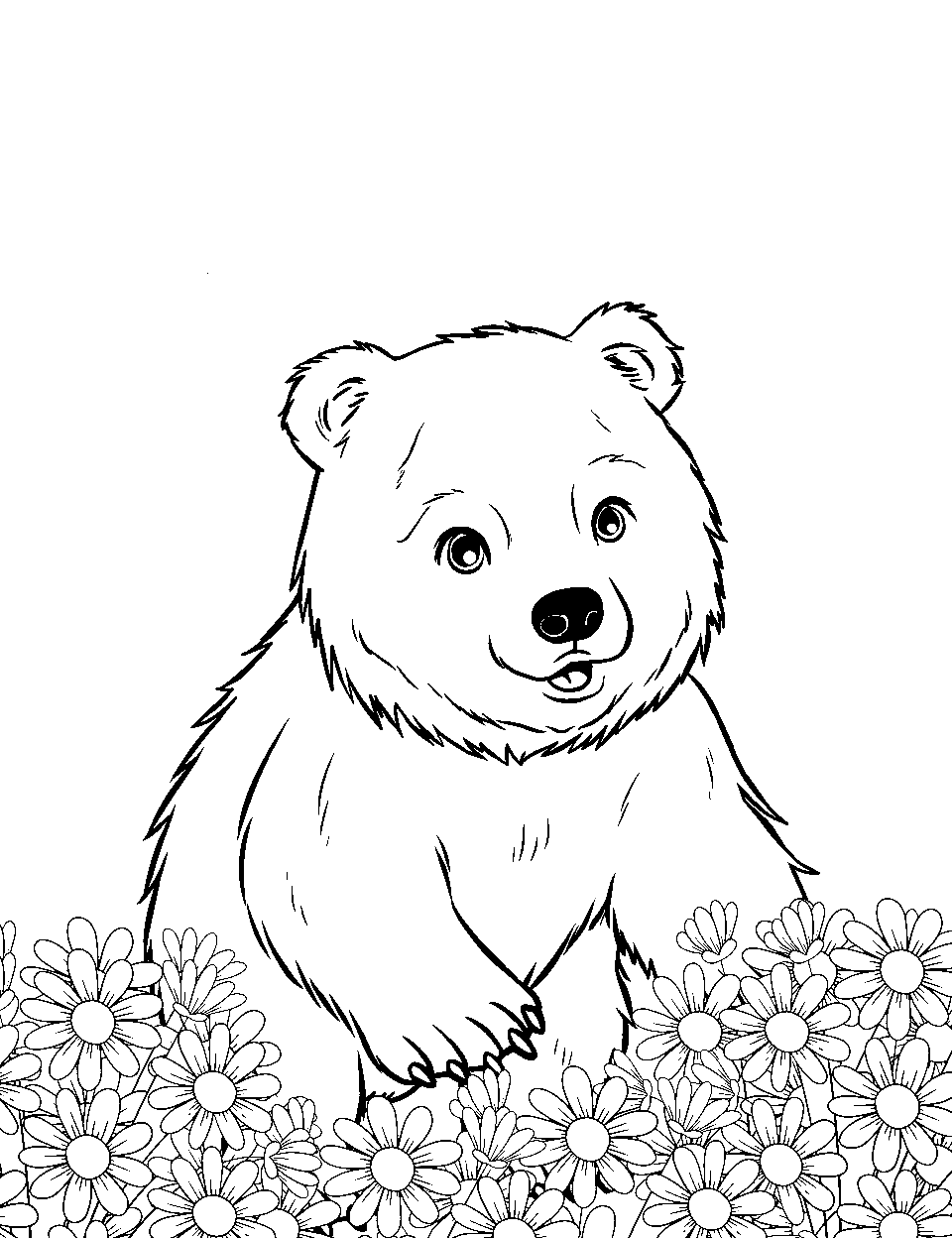 Gardening Bear's Green Thumb Coloring Page - A bear tending to its garden with plants all around.