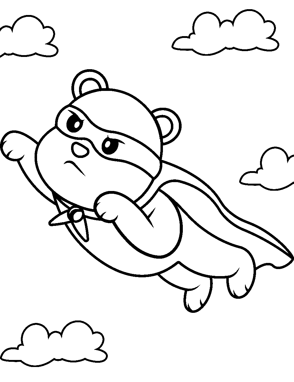 Young Superhero Bear Coloring Page - A young bear in a superhero costume flying high above.