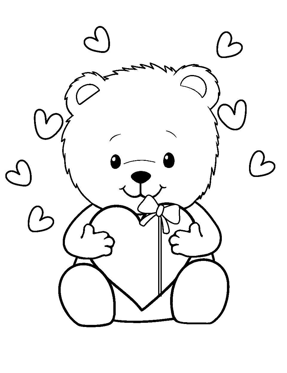 Bear's Valentine Surprise Coloring Page - A bear holding a heart-shaped gift for Valentine’s Day, with love in the air.
