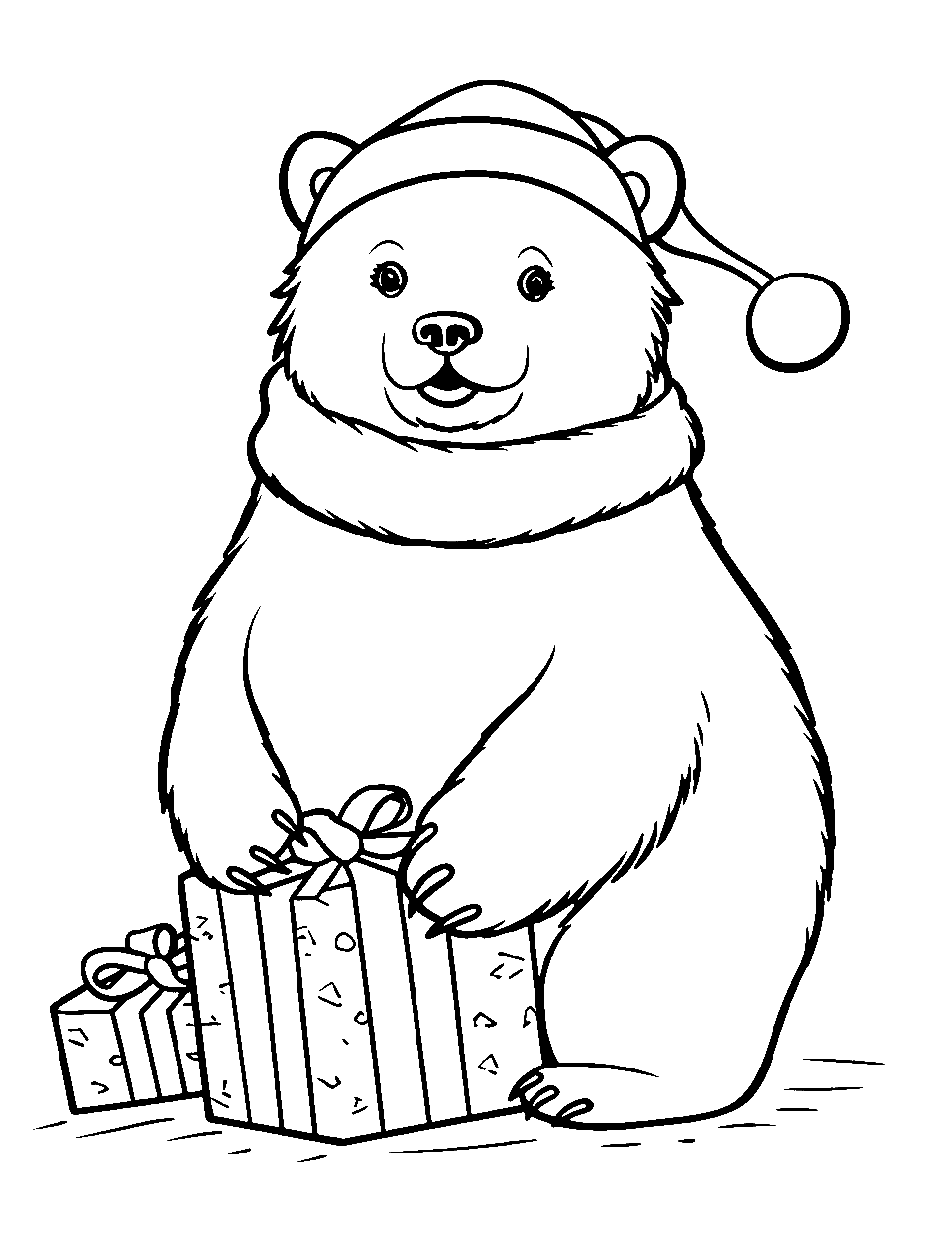 Christmas Bear Present Coloring Page - A bear wearing a Santa hat, holding a wrapped present, celebrating Christmas.