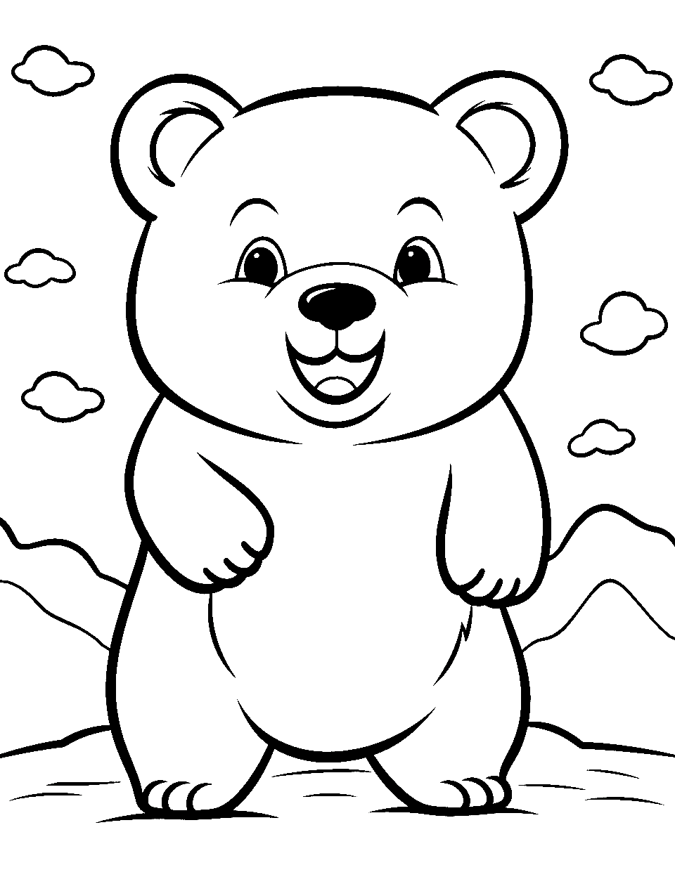 Chibi Cheer Bear Coloring Page - A cheerful, chibi-style bear with a wide smile.