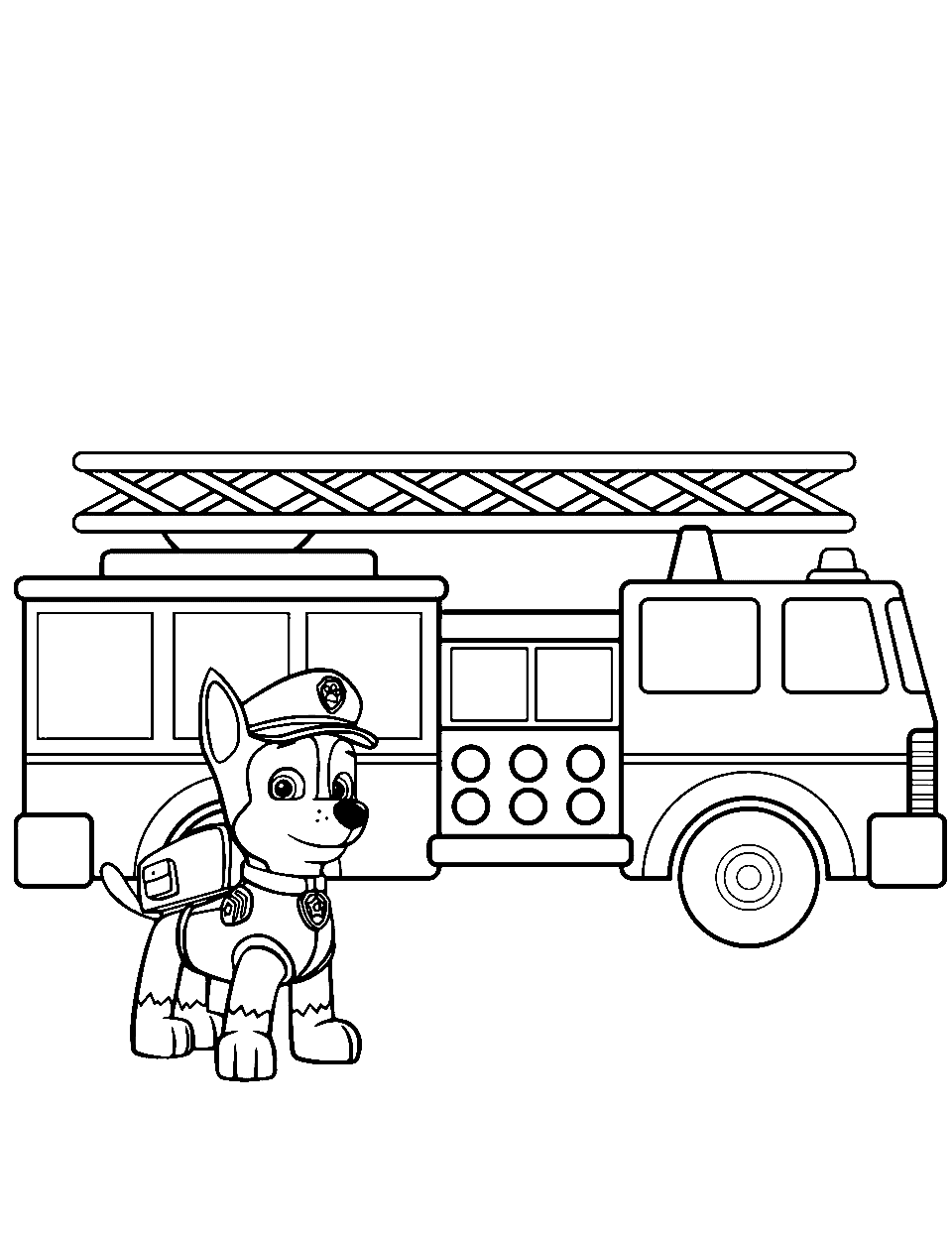 Chase the Firefighter Fire Truck Coloring Page - The character Chase from Paw Patrol dressed as a firefighter beside a fire truck.
