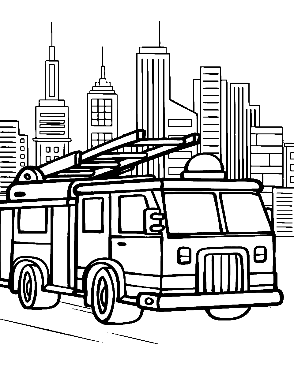 City Fire Truck Adventure Coloring Page - A fire truck navigating through busy city streets.
