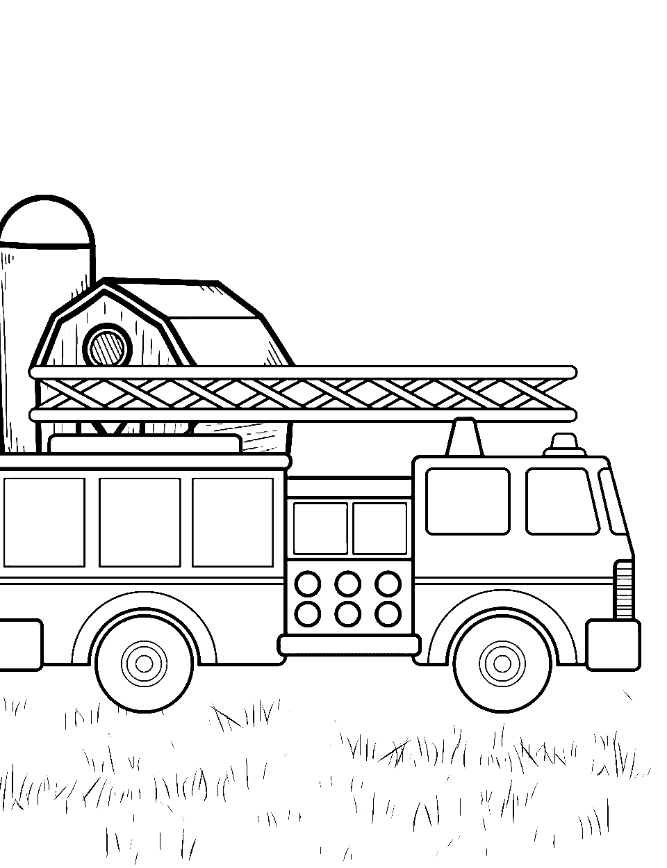 Rural Fire Brigade Truck Coloring Page - A fire truck in a rural setting, with fields and a barn in the background.