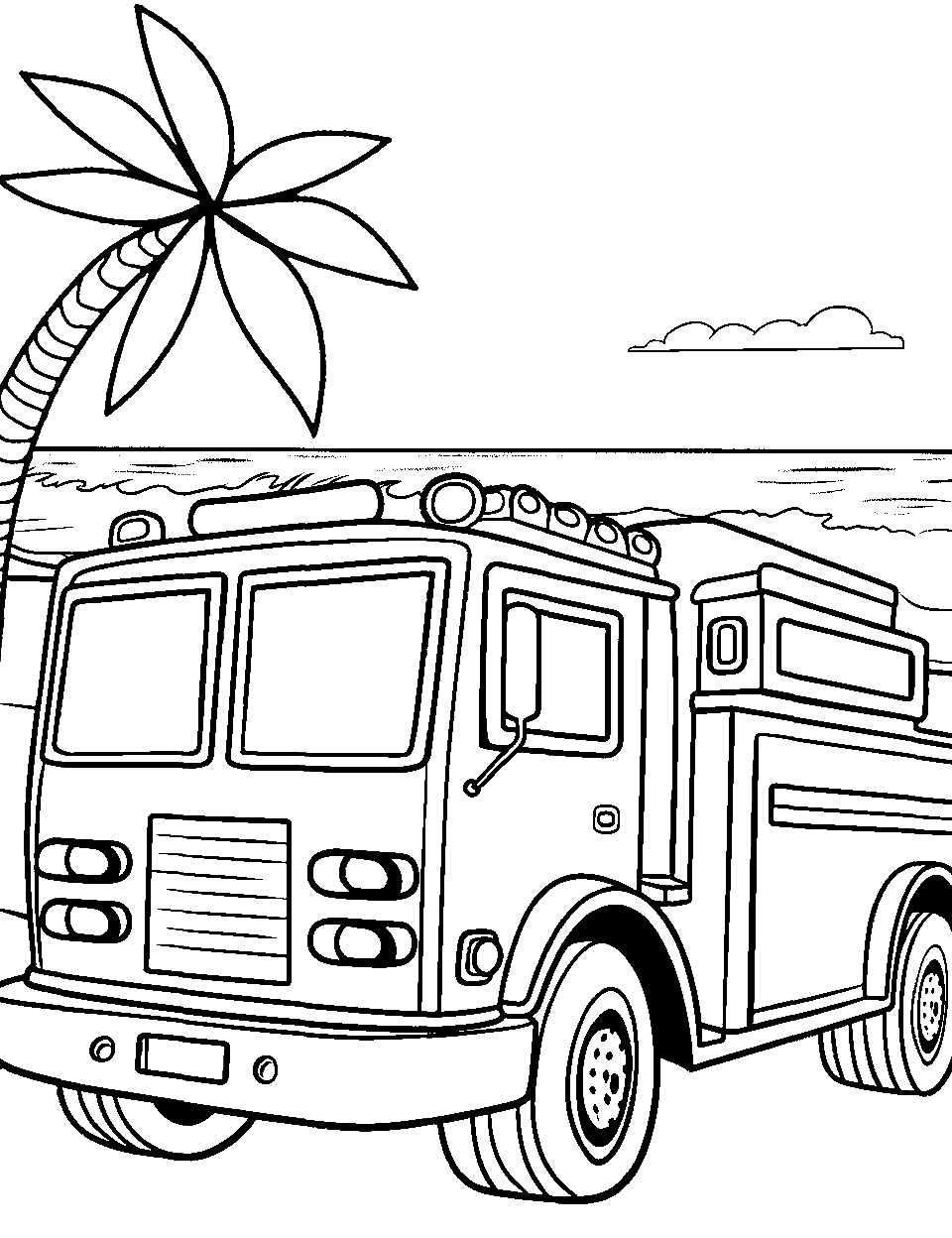 Ocean Side Fire Rescue Truck Coloring Page - A fire truck near the beach, with the ocean in the background.