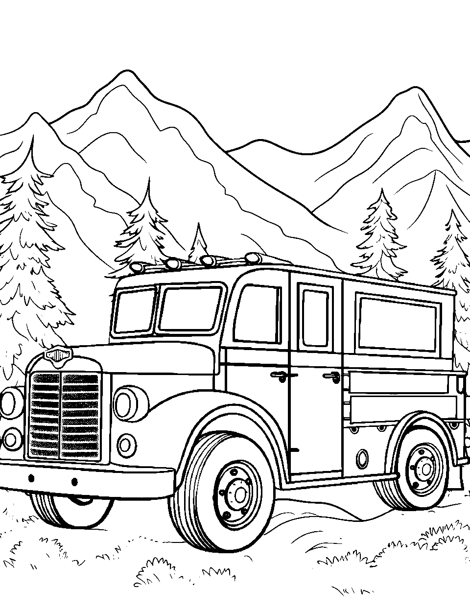 Mountain Rescue Mission Fire Truck Coloring Page - A fire truck on a mountain road, with forests around.