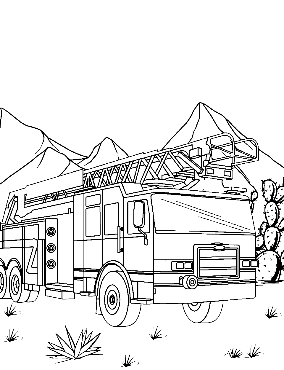 Desert Fire Patrol Truck Coloring Page - A fire truck in a desert landscape, with cacti around.