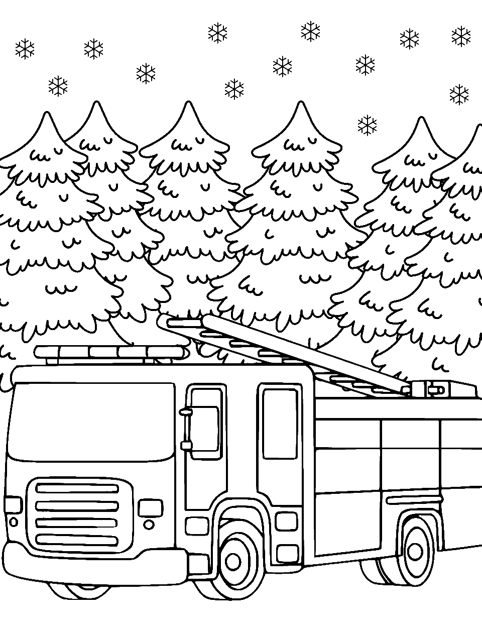 Winter Firefighting Fire Truck Coloring Page - A fire truck in a snowy winter setting.