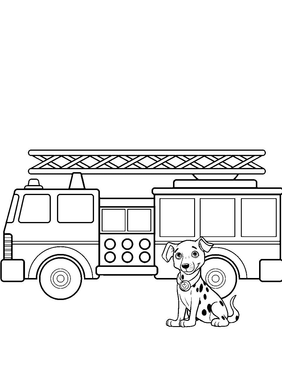 Fire Truck and Dalmatian Coloring Page - A fire truck with a Dalmatian sitting beside it.