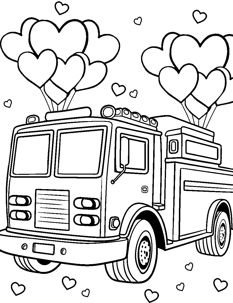 Valentine's Day Fire Truck Coloring Page - A fire truck with Valentine’s Day decorations.