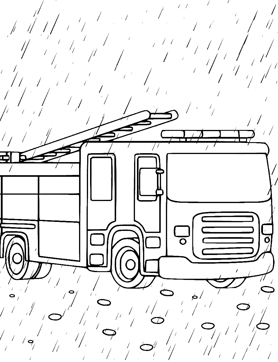 Fire Truck in the Rain Coloring Page - A fire truck out in the rain, with puddles around.