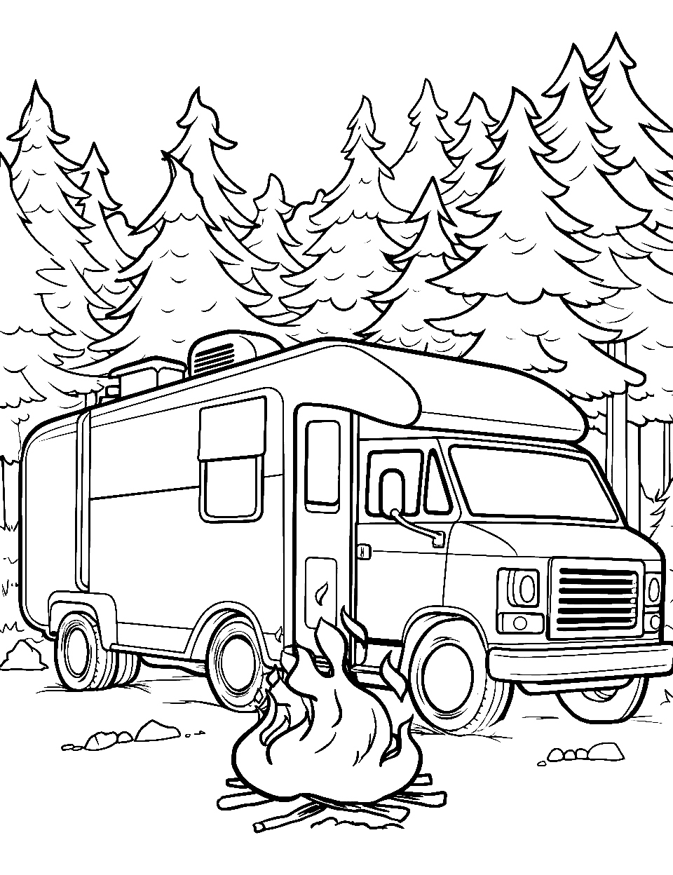 Camping Trip Fire Safety Truck Coloring Page - An RV fire truck near a campsite.