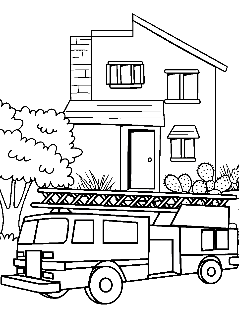 Fire Truck Outside Coloring Page - A fire truck parked outside a building.