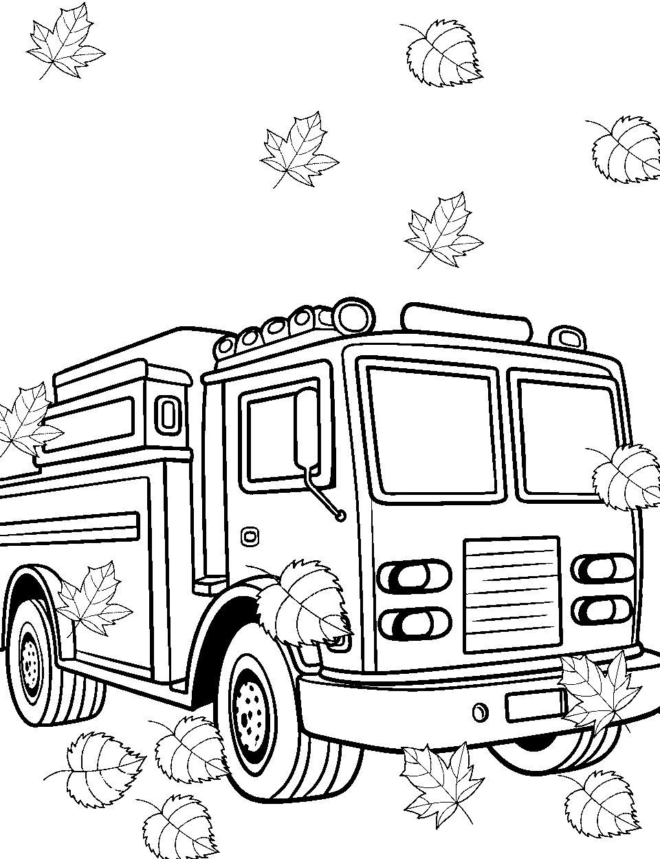 Fall Fire Truck Coloring Page - A fire truck surrounded by colorful fall leaves.