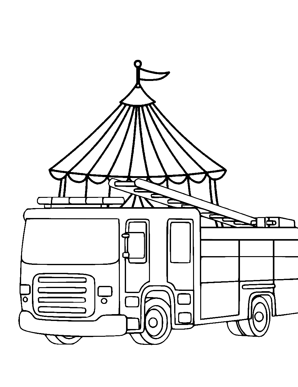 Fire Truck at the Circus Coloring Page - A fire truck parked at a circus, with a tent in the background.