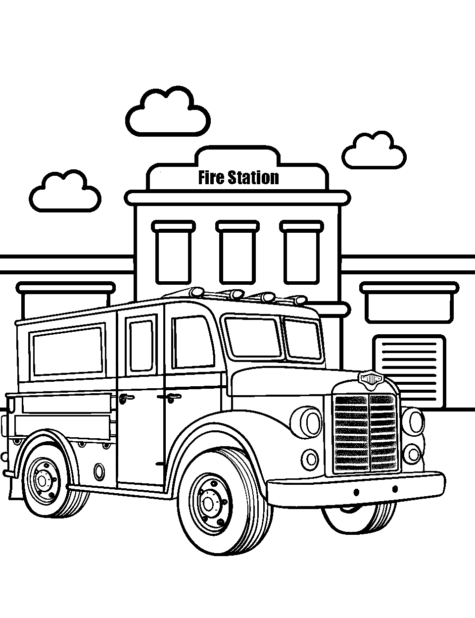 Vintage Fire Engine Truck Coloring Page - An old-fashioned fire engine parked in front of a fire station.