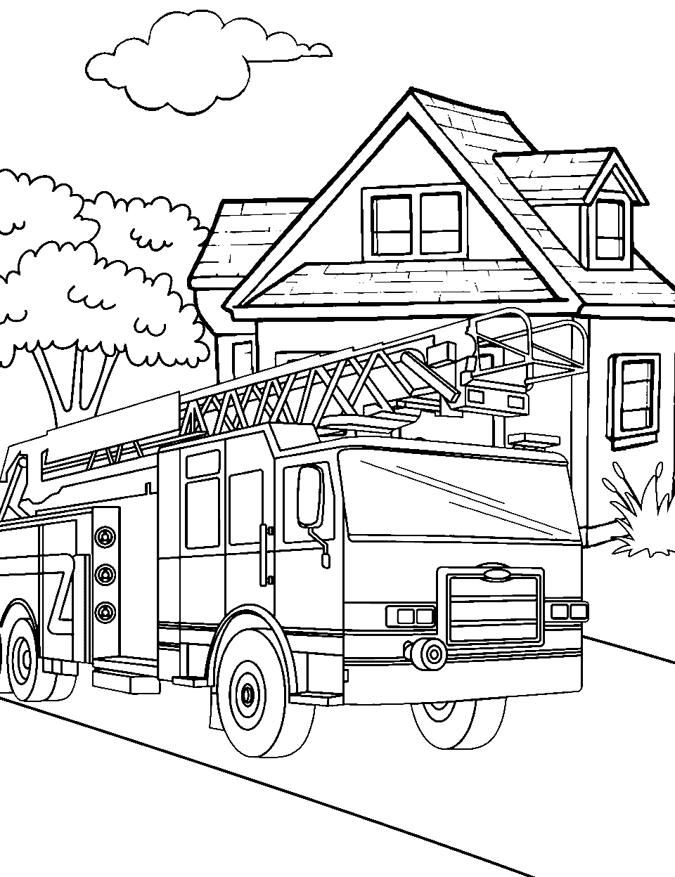 Suburban Fire Rescue Truck Coloring Page - A fire truck in a suburban neighborhood.