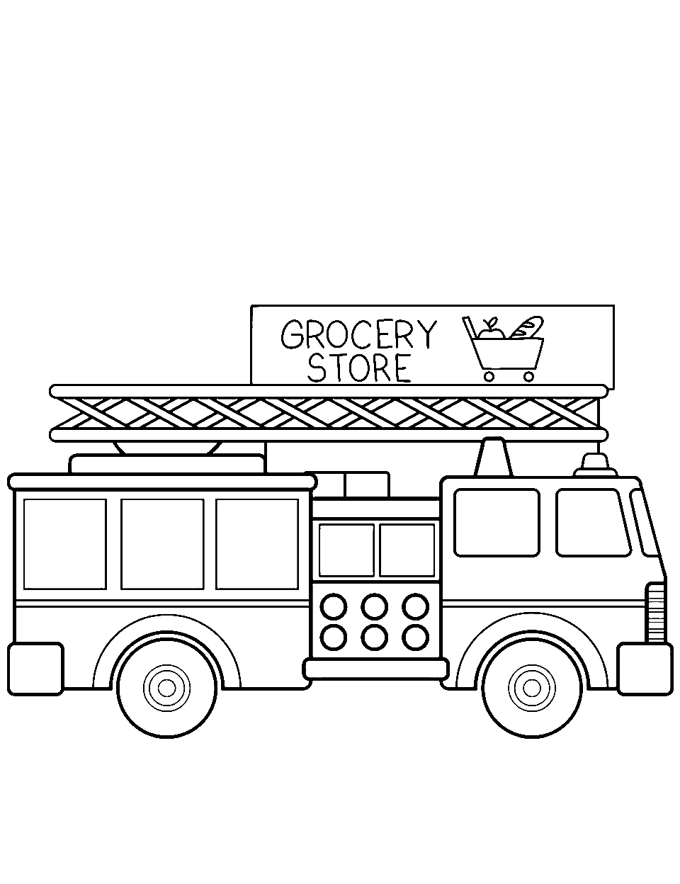 Fire Truck at the Grocery Store Coloring Page - A fire truck parked at a grocery store for a safety event.