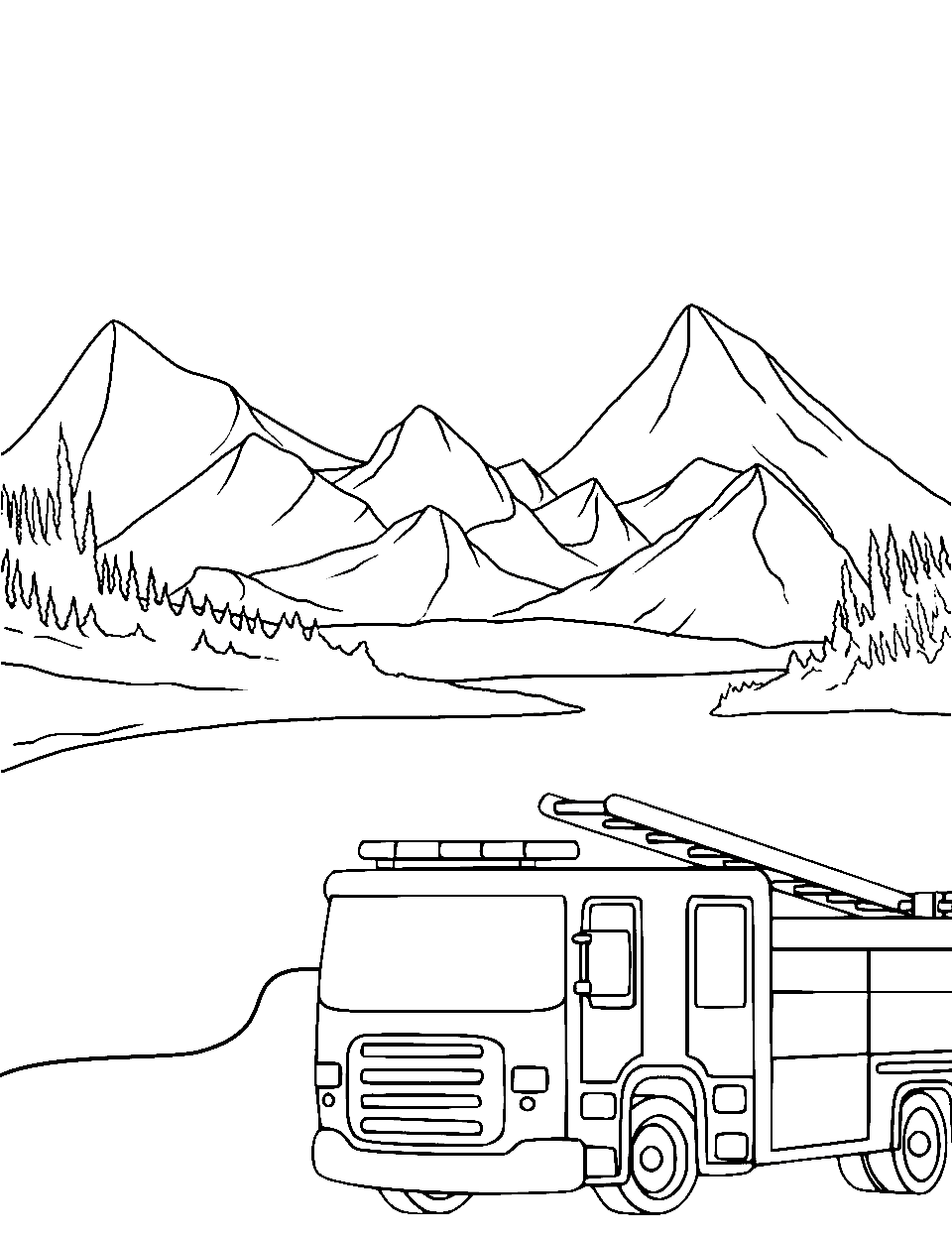 Lakeside Fire Truck Coloring Page - A fire truck parked next to a lake.