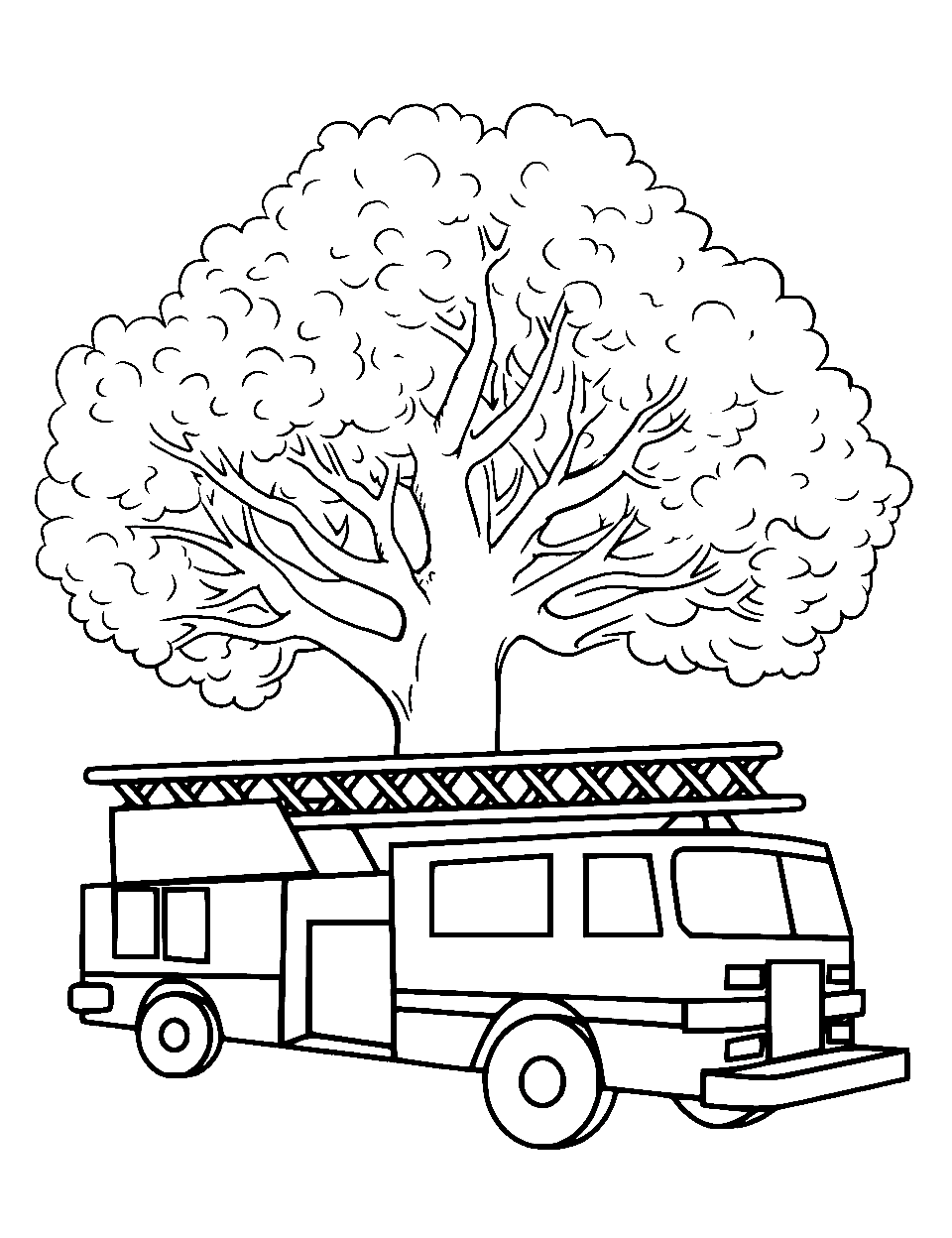 Fire Truck and Big Tree Coloring Page - A fire truck parked under a large, shady tree.