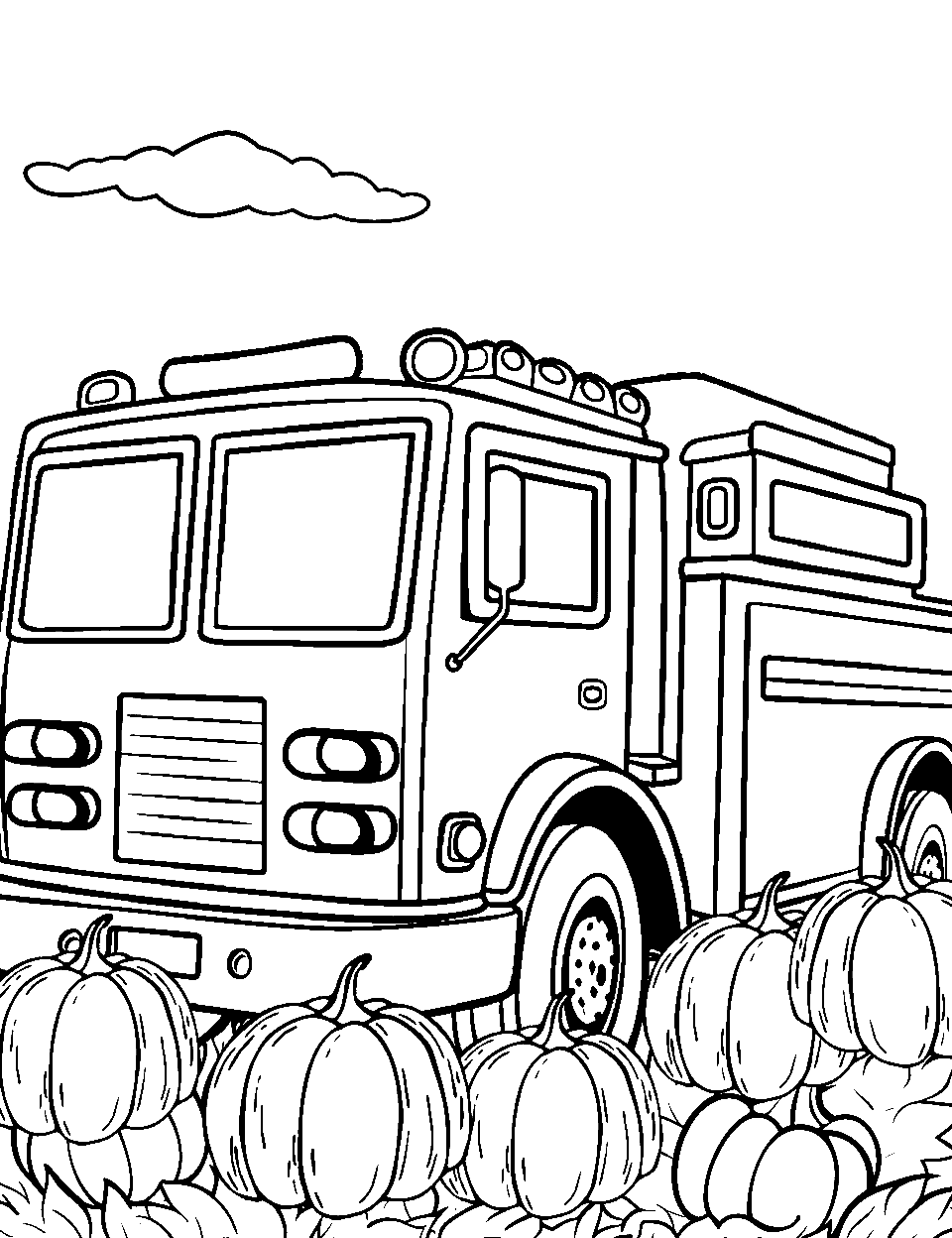Pumpkin Patch Fire Truck Coloring Page - A vintage fire truck near a field with pumpkins.