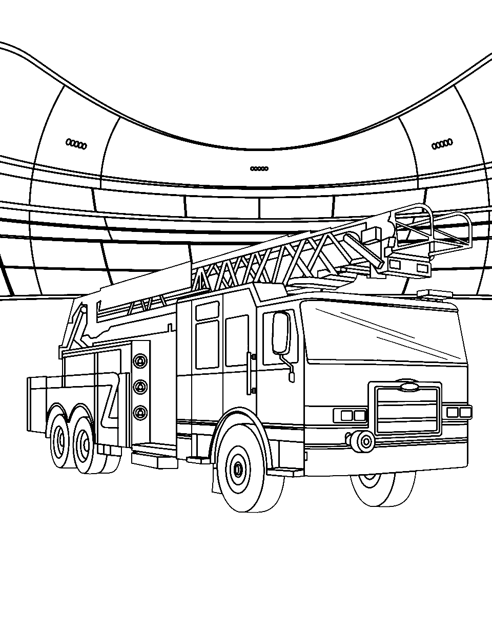 Fire Truck at a Sports Game Coloring Page - A fire truck at a stadium for a sports event.