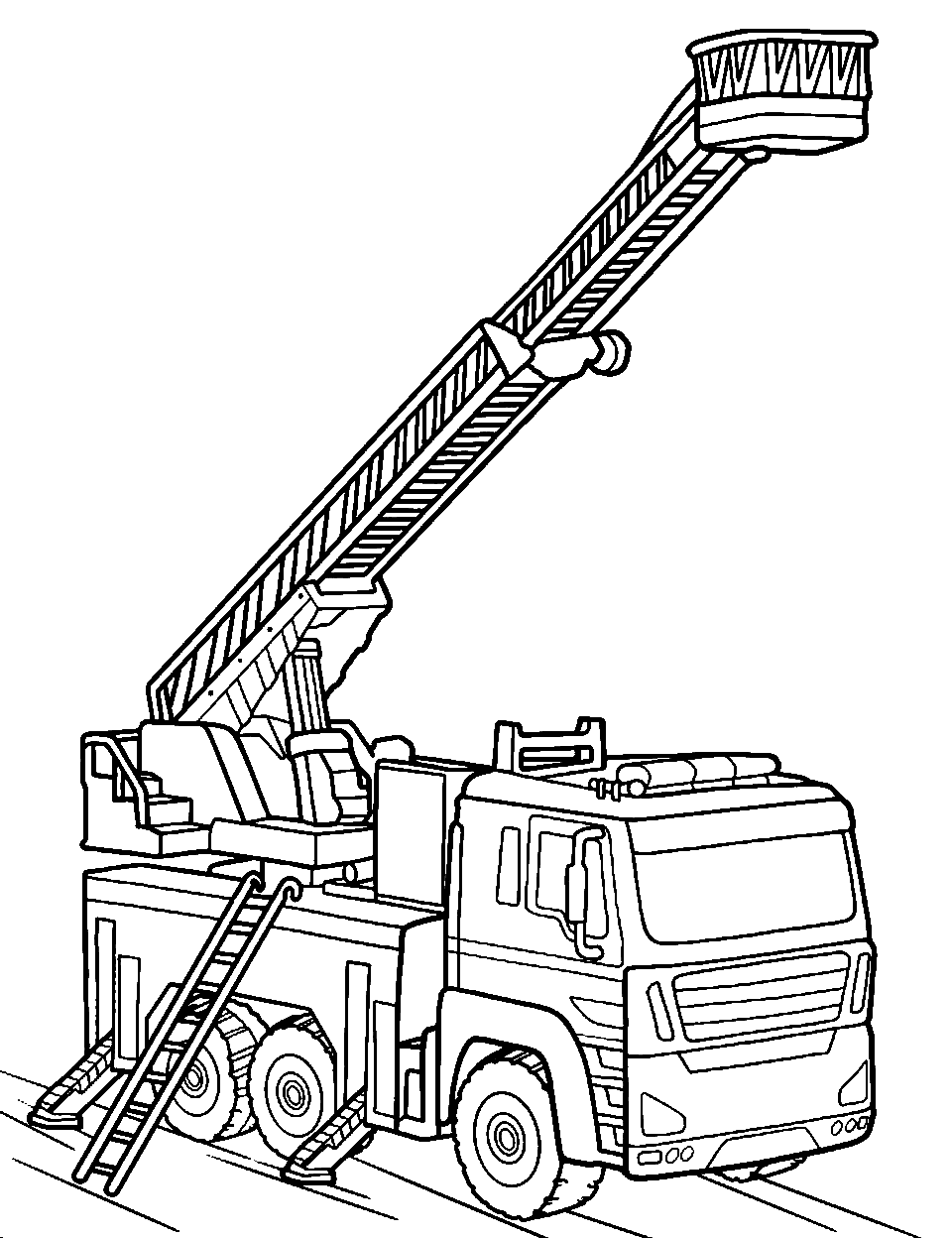 Pierce Fire Truck in Action Coloring Page - A modern Pierce fire truck with its ladder extended.