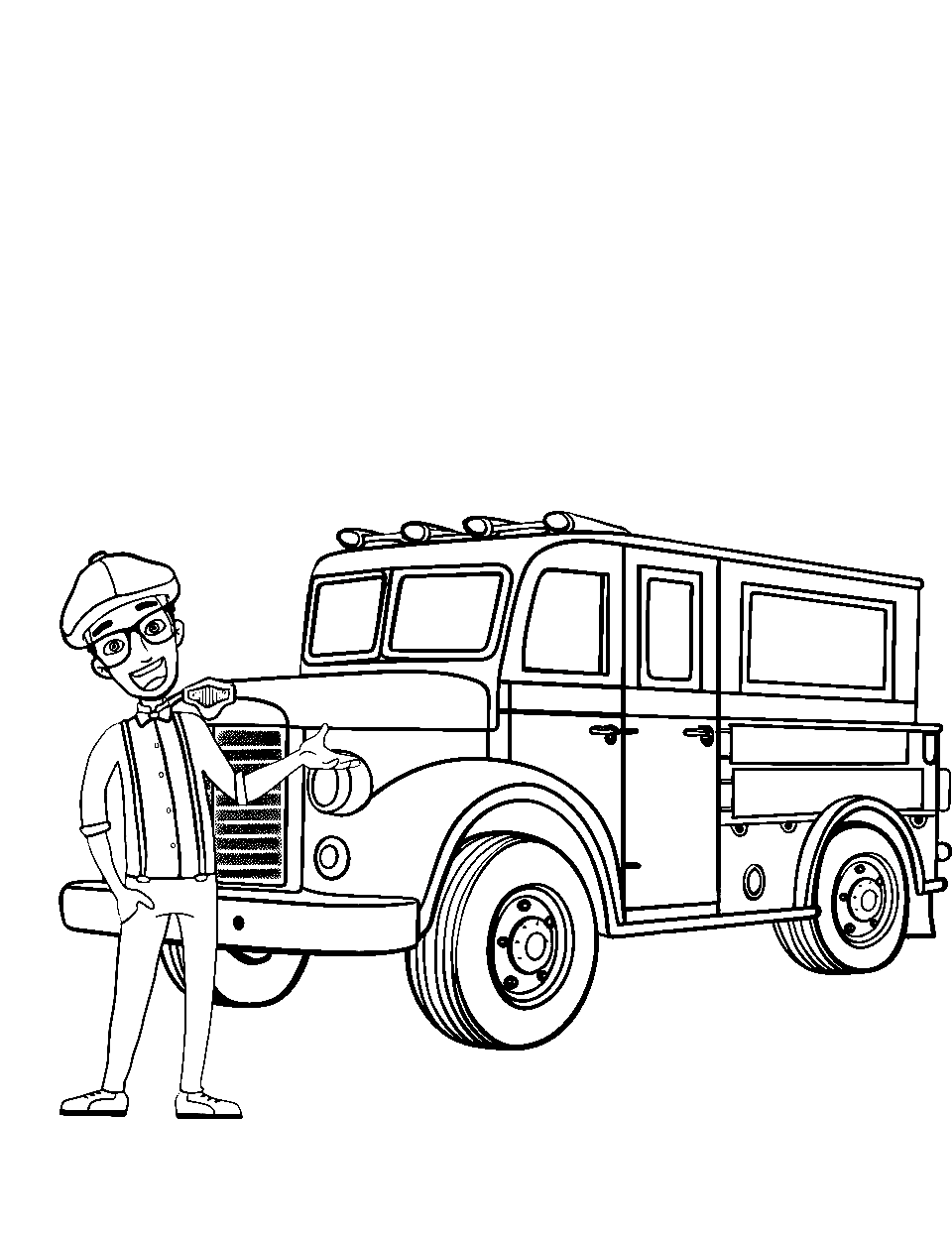 Blippi Explores a Fire Truck Coloring Page - The character Blippi standing next to a colorful fire truck.
