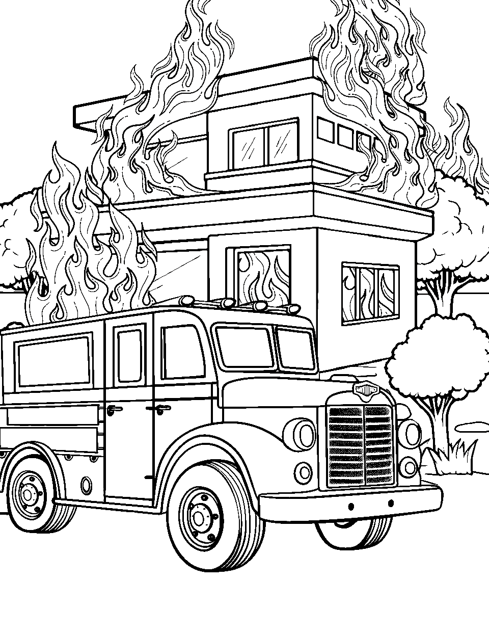 Fire Emergency Truck Coloring Page - An old fire truck parked outside a burning building.