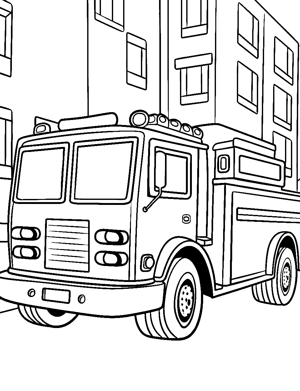 Fire Engine on Duty Truck Coloring Page - A fire engine racing down the city streets.