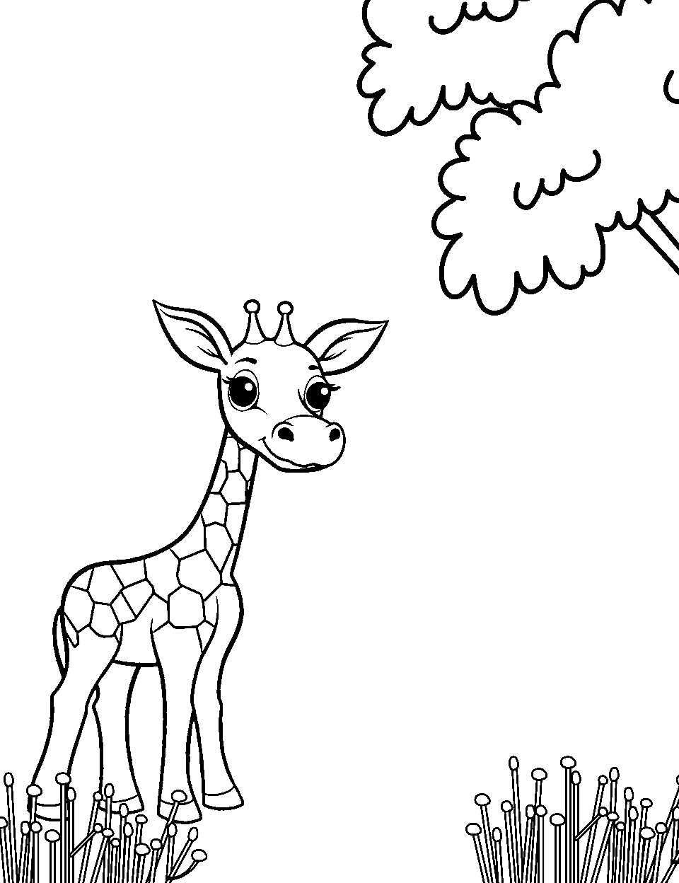 Little Giraffe Adventure Coloring Page - A smaller giraffe is out for an adventure, strolling around.