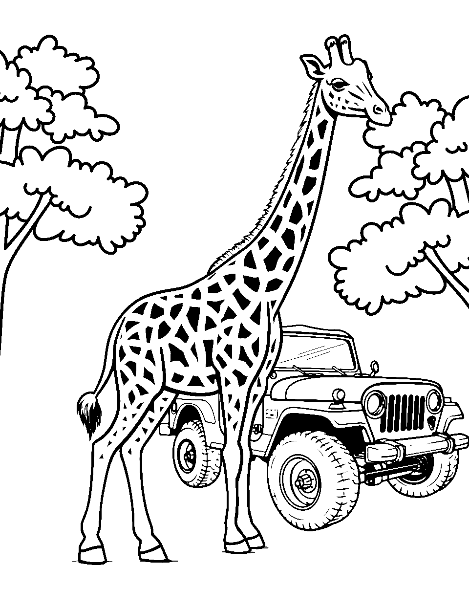 Safari Expedition Coloring Page - A giraffe observing a safari jeep.