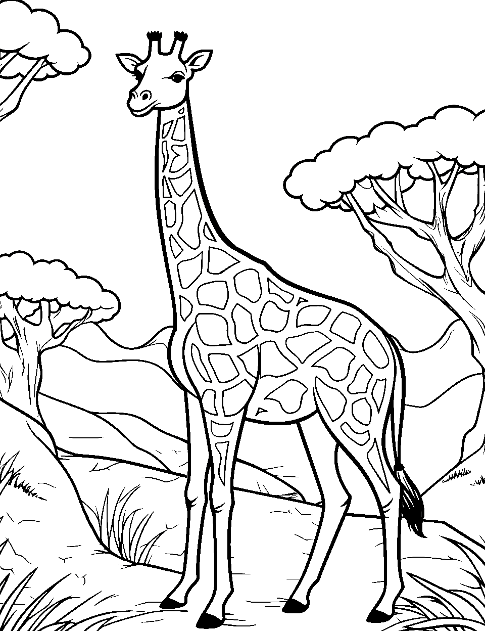 Madagascar Journey Coloring Page - A giraffe walking on the unique terrains of Madagascar.