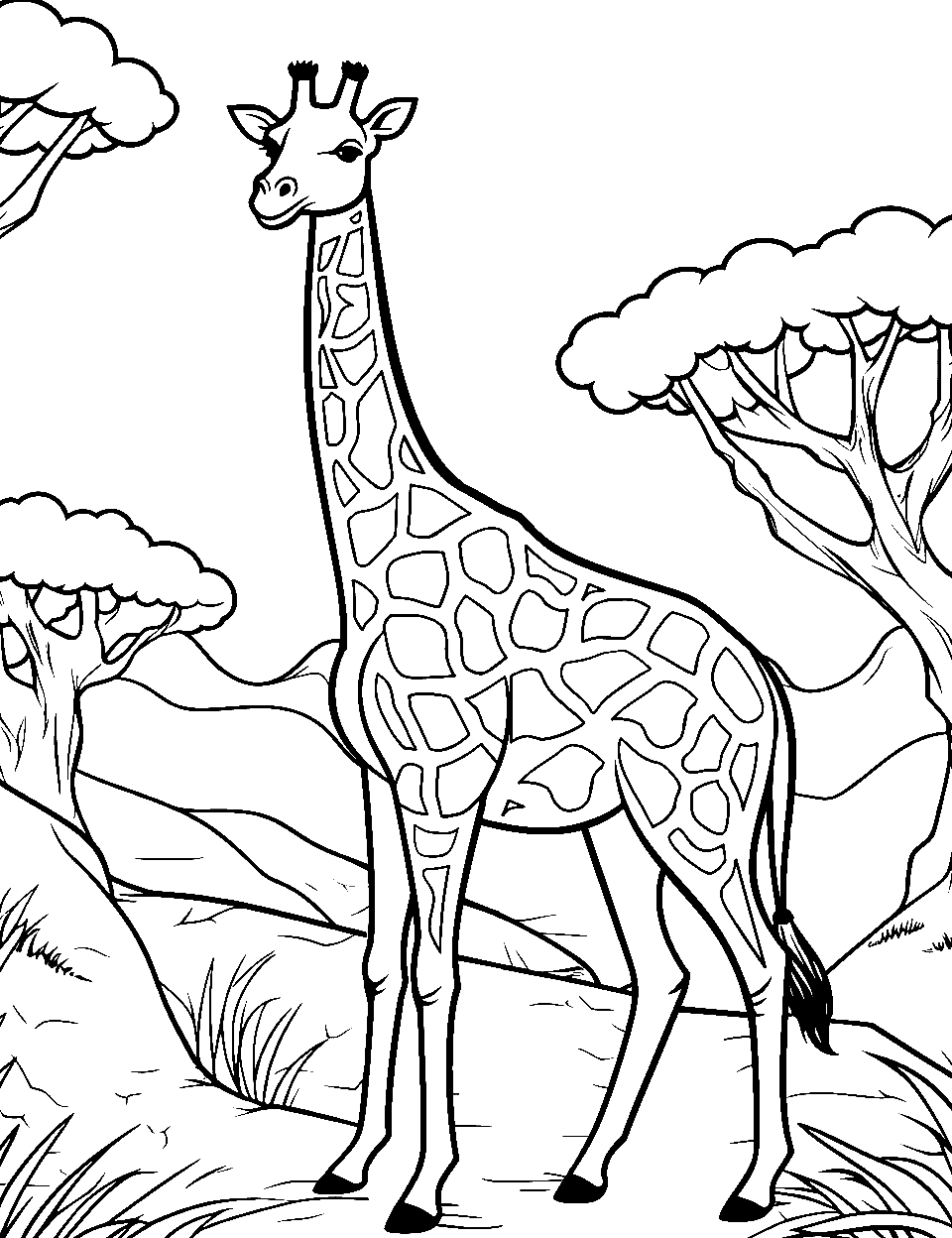 Madagascar Journey Giraffe Coloring Page - A giraffe walking on the unique terrains of Madagascar.